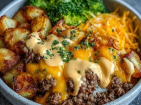 Smash burger bowl with crispy beef patties, melted American cheese, shredded lettuce, pickles, and burger sauce drizzle