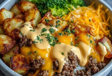 Smash burger bowl with crispy beef patties, melted American cheese, shredded lettuce, pickles, and burger sauce drizzle