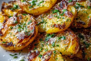Crispy garlic parmesan smashed potatoes on a sheet pan with golden crust, melted parmesan, and fresh parsley