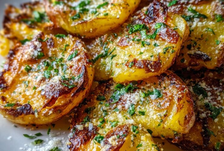 Crispy garlic parmesan smashed potatoes on a sheet pan with golden crust, melted parmesan, and fresh parsley