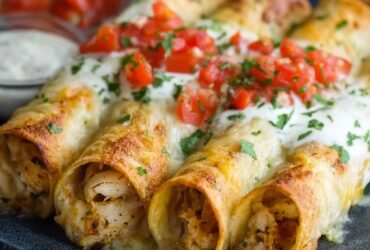 Baked cream cheese chicken taquitos on a sheet pan with golden crispy tortillas and melted cheese filling