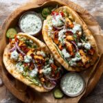 Sheet pan chicken pitas with golden roasted chicken, charred peppers, red onions, fresh herbs, and herby ranch drizzle