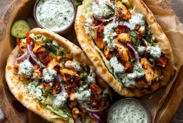 Sheet pan chicken pitas with golden roasted chicken, charred peppers, red onions, fresh herbs, and herby ranch drizzle