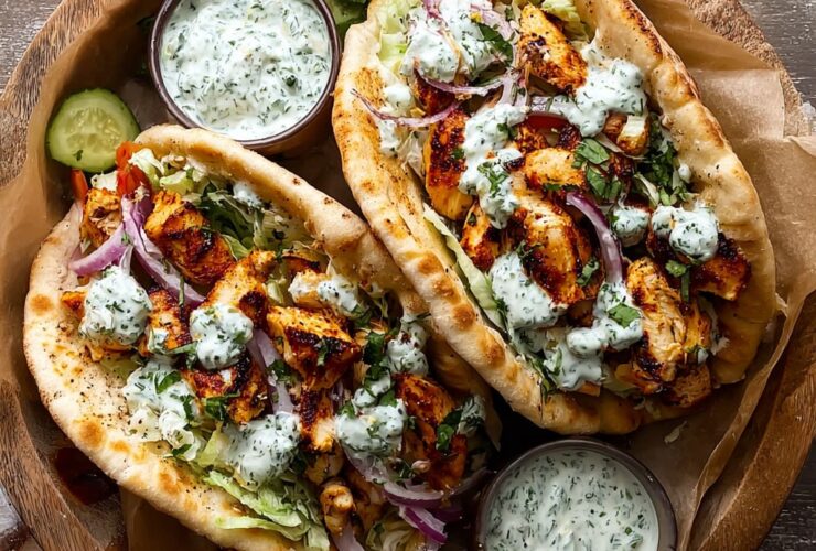 Sheet pan chicken pitas with golden roasted chicken, charred peppers, red onions, fresh herbs, and herby ranch drizzle