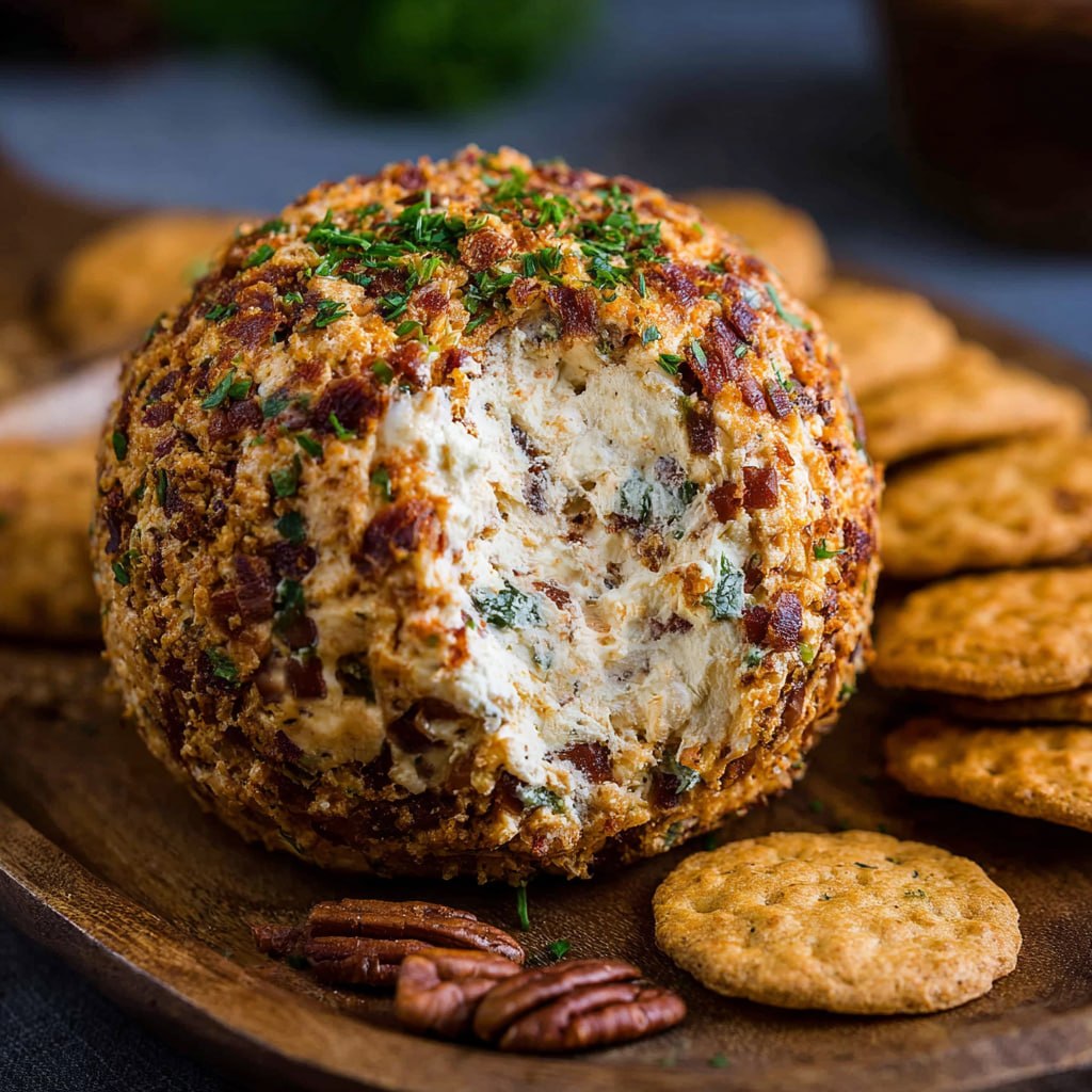 Cowboy cream cheese ball coated in crispy bacon, shredded cheddar, and chopped scallions on a wooden board with crackers