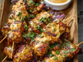 Cowboy butter chicken skewers on a platter with golden char marks, fresh herbs, lemon wedges, and butter sauce drizzle