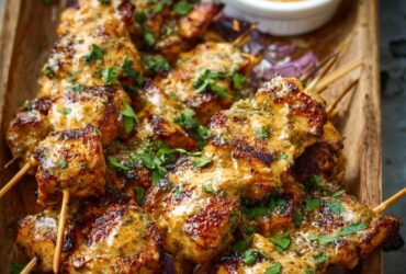 Cowboy butter chicken skewers on a platter with golden char marks, fresh herbs, lemon wedges, and butter sauce drizzle
