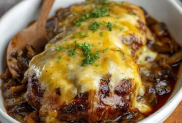 Texas Roadhouse Roadkill smothered hamburger steak with caramelized onions, sautéed mushrooms, and melted jack cheese on a plate
