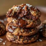 German chocolate cookies on a plate with coconut pecan frosting topping each cookie and chocolate drizzle