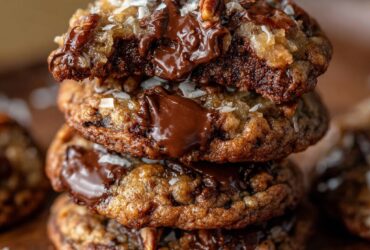 German chocolate cookies on a plate with coconut pecan frosting topping each cookie and chocolate drizzle