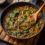Bowl of spicy lentils and spinach with golden onions, fragrant cumin, fresh cilantro, and a swirl of yogurt