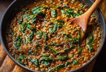 Bowl of spicy lentils and spinach with golden onions, fragrant cumin, fresh cilantro, and a swirl of yogurt