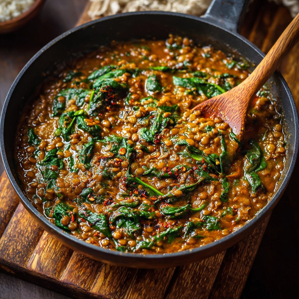 Close-up of red lentil dahl with wilted spinach, garam masala, ginger, and lemon zest in a deep red broth