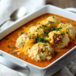 Bowl of tomato soup with golden cheddar bay dumplings floating on top, melted butter, fresh herbs, and cracked pepper