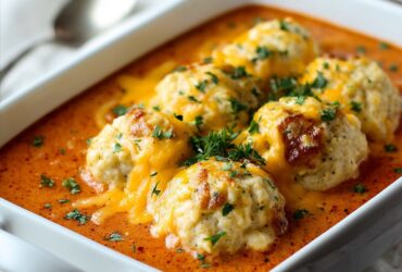 Bowl of tomato soup with golden cheddar bay dumplings floating on top, melted butter, fresh herbs, and cracked pepper