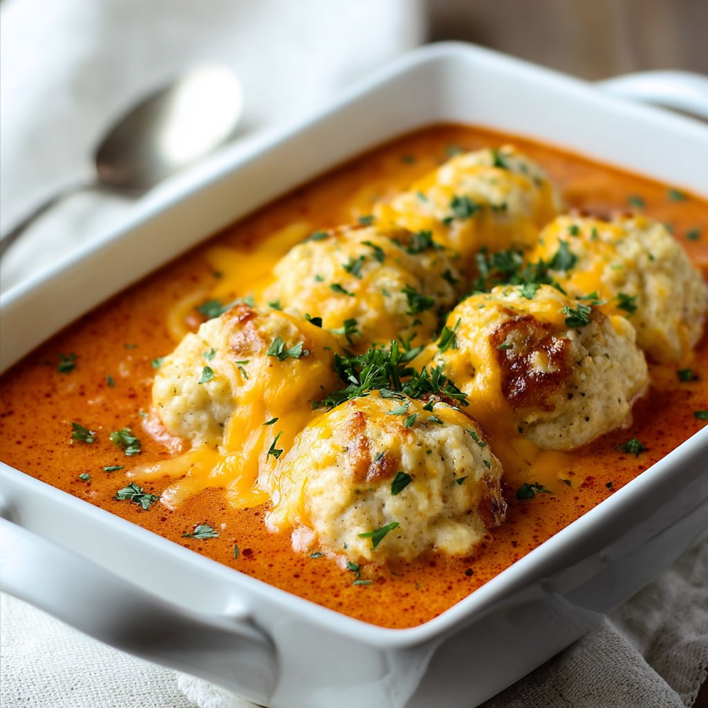 Close-up of fluffy cheddar bay biscuit dumpling on creamy tomato basil soup with grated parmesan and chives