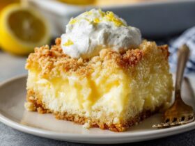 Lemon cream cheese dump cake with golden buttery crumb topping, lemon curd ribbons, and creamy cheesecake pockets