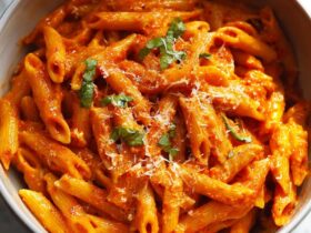 3-ingredient instant pot penne pasta with marinara sauce, melted mozzarella, fresh basil, and parmesan