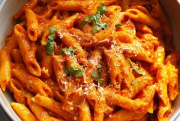 3-ingredient instant pot penne pasta with marinara sauce, melted mozzarella, fresh basil, and parmesan