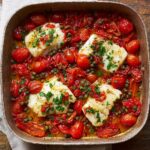 One-pan cod with cherry tomatoes, capers, garlic, lemon slices, fresh basil, and olive oil in a cast iron skillet