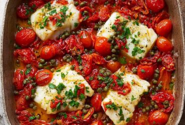 One-pan cod with cherry tomatoes, capers, garlic, lemon slices, fresh basil, and olive oil in a cast iron skillet