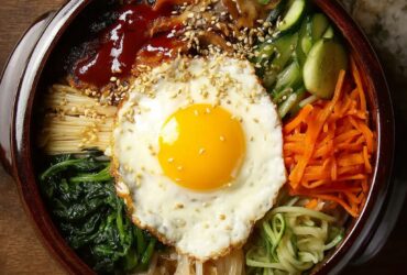 Bibimbap Korean rice bowl in a stone dol sot with marinated beef bulgogi, sautéed spinach, carrots, mushrooms, bean sprouts, fried egg, and gochujang sauce