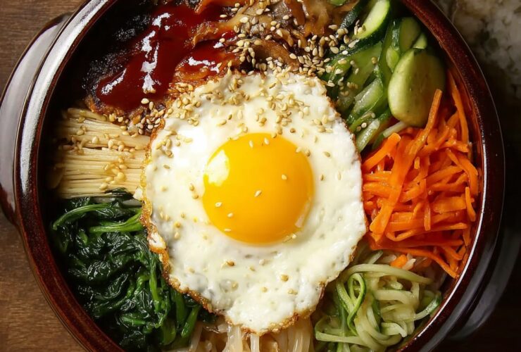 Bibimbap Korean rice bowl in a stone dol sot with marinated beef bulgogi, sautéed spinach, carrots, mushrooms, bean sprouts, fried egg, and gochujang sauce