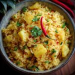 Pineapple rice served in a hollowed pineapple half with cashews, scallions, and golden curry-tinted jasmine rice
