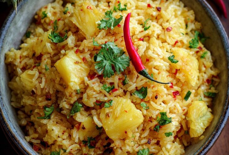 Pineapple rice served in a hollowed pineapple half with cashews, scallions, and golden curry-tinted jasmine rice
