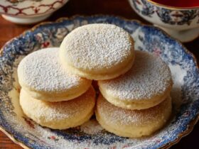 Stack of old-fashioned Southern tea cakes with golden edges, soft centers, light vanilla glaze, and powdered sugar dusting
