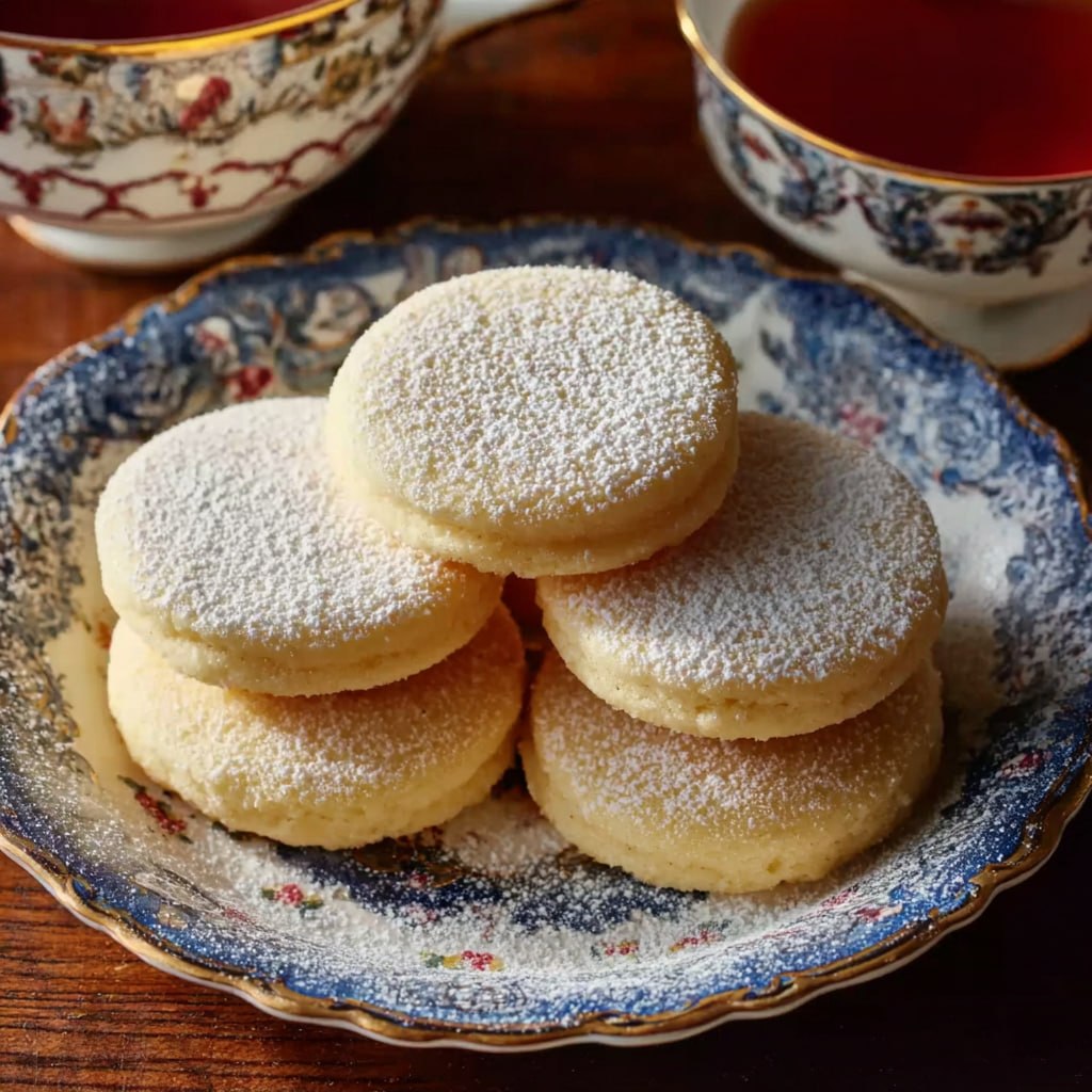 Stack of old-fashioned Southern tea cakes with golden edges, soft centers, light vanilla glaze, and powdered sugar dusting