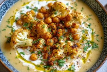 Bowl of creamy roasted cauliflower chickpea soup with crispy chickpea topping, drizzle of olive oil, and fresh parsley