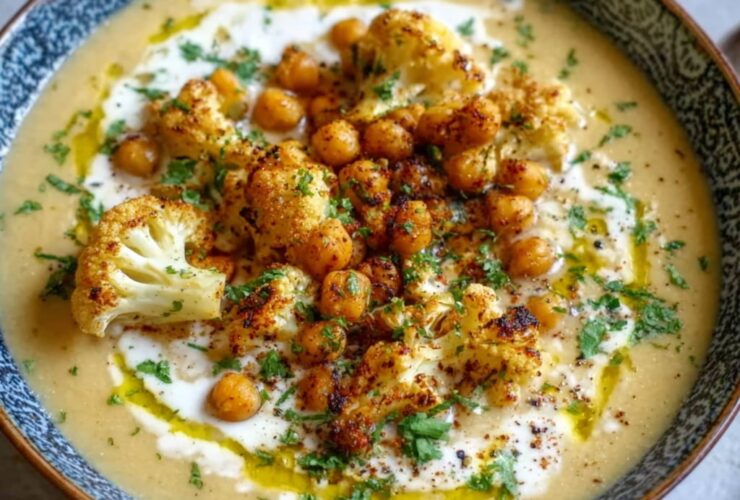 Bowl of creamy roasted cauliflower chickpea soup with crispy chickpea topping, drizzle of olive oil, and fresh parsley
