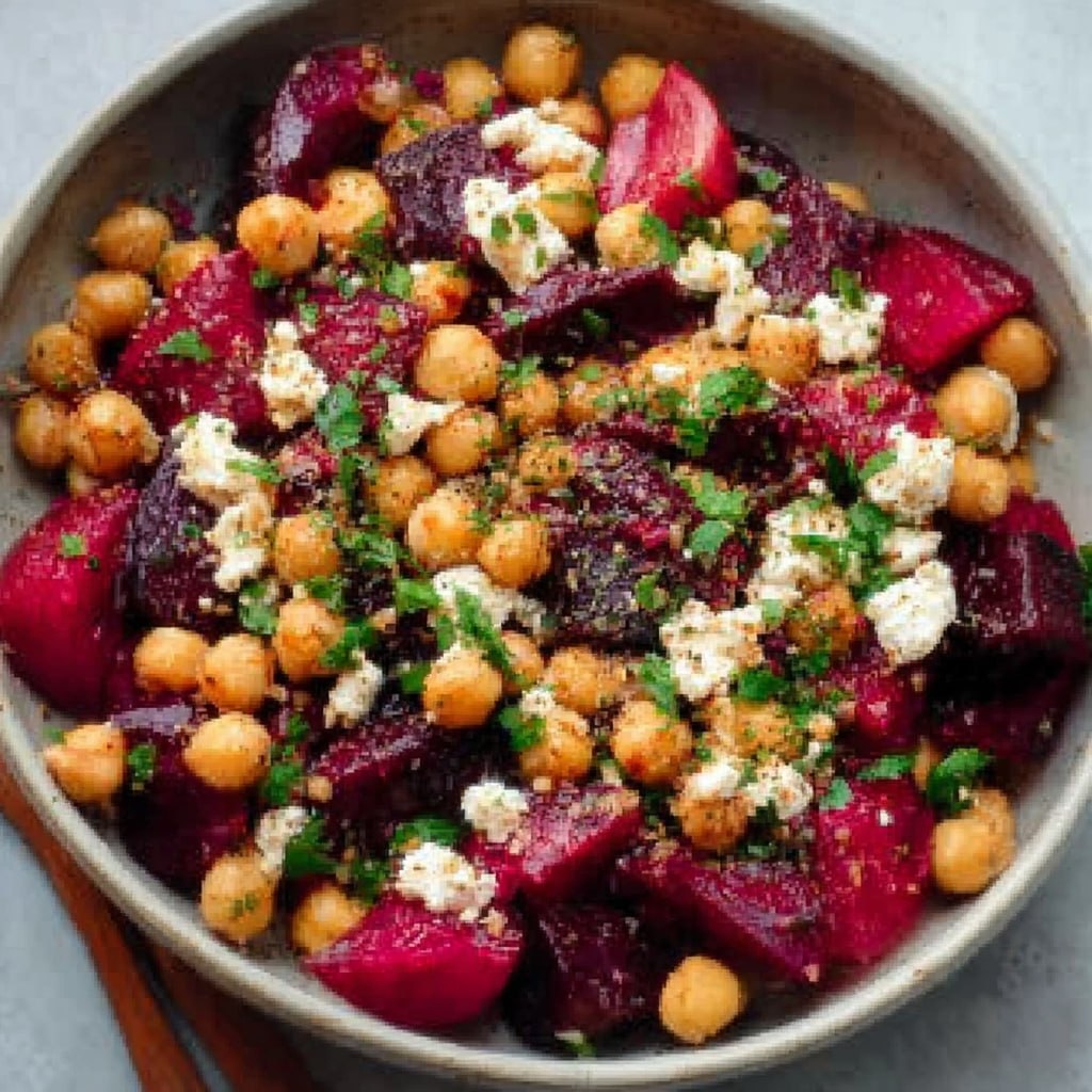 Chickpea beet feta salad in a wooden bowl with vibrant pink-stained chickpeas, crumbled feta, fresh dill, and arugula