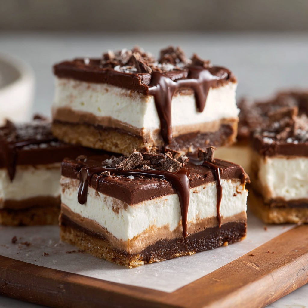 No-bake chocolate cream cheese bars cut into squares with chocolate cookie crust, fluffy cream cheese filling, and chocolate ganache top