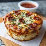 Cottage cheese pizza bowl with melted mozzarella, pepperoni, marinara, fresh basil, and a golden bubbly cheese crust