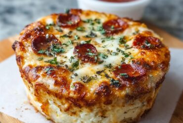 Cottage cheese pizza bowl with melted mozzarella, pepperoni, marinara, fresh basil, and a golden bubbly cheese crust