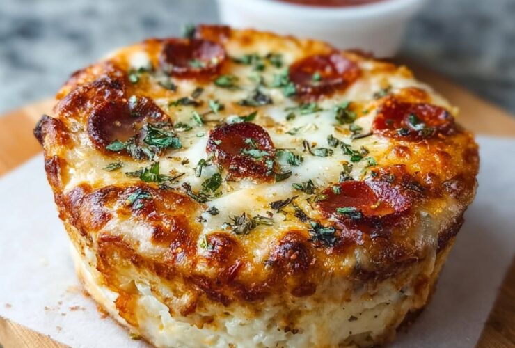 Cottage cheese pizza bowl with melted mozzarella, pepperoni, marinara, fresh basil, and a golden bubbly cheese crust