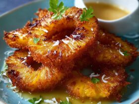 Rum-soaked fried pineapple rings caramelized with butter, brown sugar, vanilla, and dark rum, served with vanilla ice cream