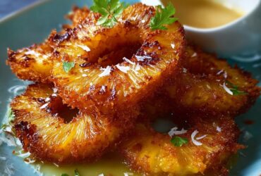 Rum-soaked fried pineapple rings caramelized with butter, brown sugar, vanilla, and dark rum, served with vanilla ice cream