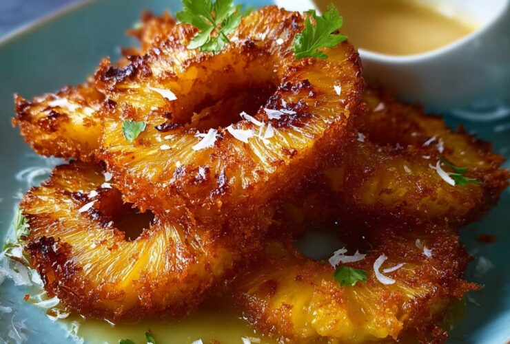 Rum-soaked fried pineapple rings caramelized with butter, brown sugar, vanilla, and dark rum, served with vanilla ice cream