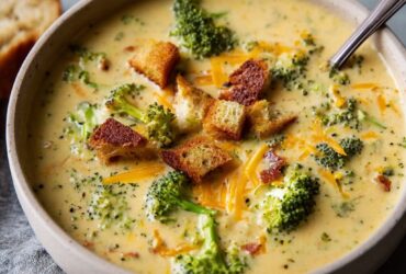 Bowl of broccoli cheddar soup with creamy orange-tinted broth, tender broccoli florets, shredded carrots, and melted sharp cheddar