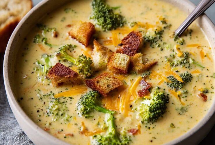 Bowl of broccoli cheddar soup with creamy orange-tinted broth, tender broccoli florets, shredded carrots, and melted sharp cheddar