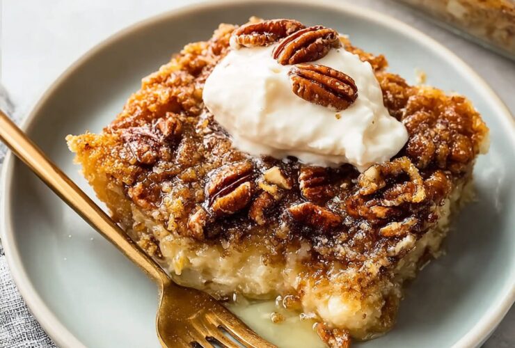 Pecan pie dump cake with golden caramel pecan topping, buttery yellow cake crumb, served warm with vanilla ice cream