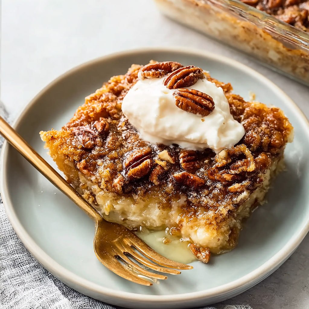 Pecan pie dump cake with golden caramel pecan topping, buttery yellow cake crumb, served warm with vanilla ice cream