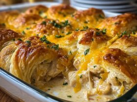 Cheesy chicken crescent bake with golden crescent roll topping, melted cheddar, creamy chicken filling, and fresh parsley garnish