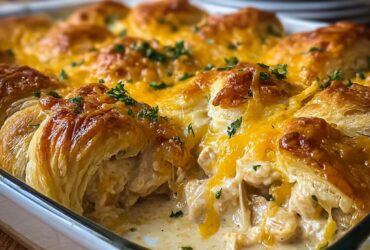 Cheesy chicken crescent bake with golden crescent roll topping, melted cheddar, creamy chicken filling, and fresh parsley garnish