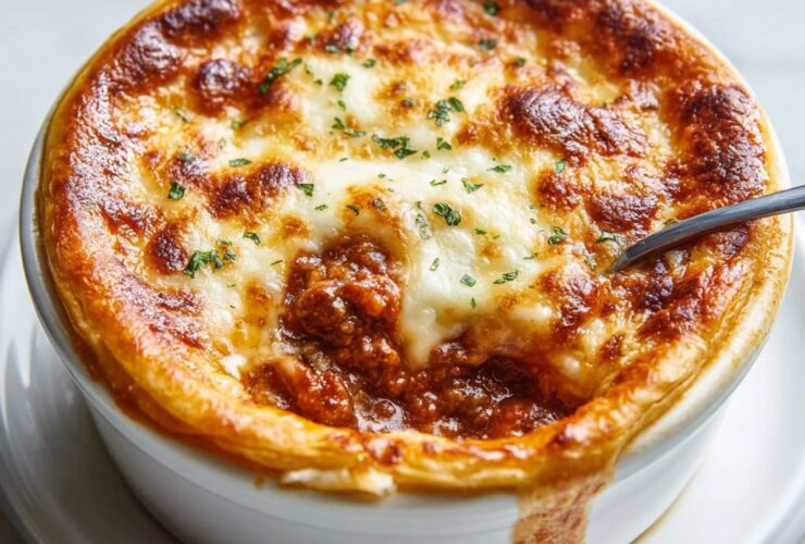 Pizza pot pie inverted on plate with golden pizza dough crust on top, melted mozzarella, marinara, pepperoni, and Italian sausage filling cascading out