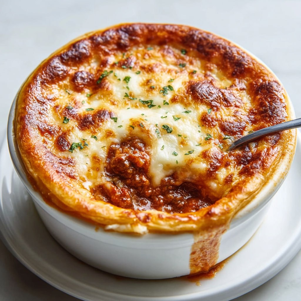 Pizza pot pie inverted on plate with golden pizza dough crust on top, melted mozzarella, marinara, pepperoni, and Italian sausage filling cascading out