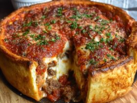 Chicago deep dish pizza in a cast iron pan with golden buttery crust, layers of cheese, sausage, and chunky tomato sauce on top